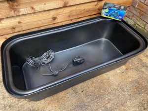 Rectangular Preformed Garden Pond with pond pump – option gives you the 150 Litre Preformed Garden Pond Liner with a pond pump that has a 350L per hour flow and an attractive bubbling water feature.